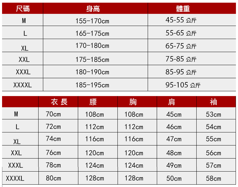 廚師服尺寸表 